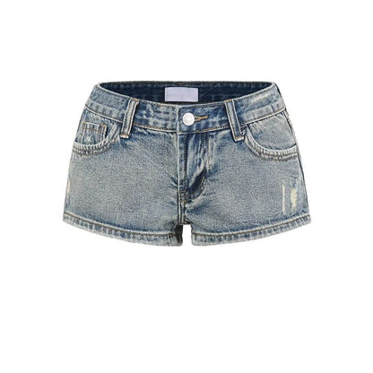 Low Rise Washed Distressed Denim Hot Pants