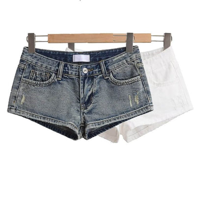 Low Rise Washed Distressed Denim Hot Pants
