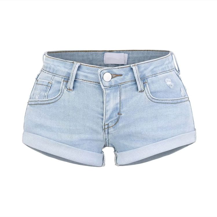 Low Rise Washed Distressed Roll Up Hem Denim Hot Pants