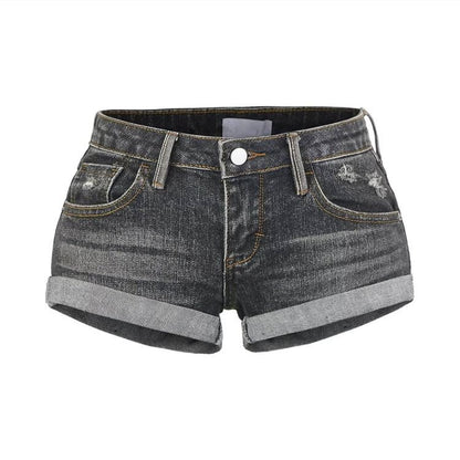 Low Rise Washed Distressed Roll Up Hem Denim Hot Pants