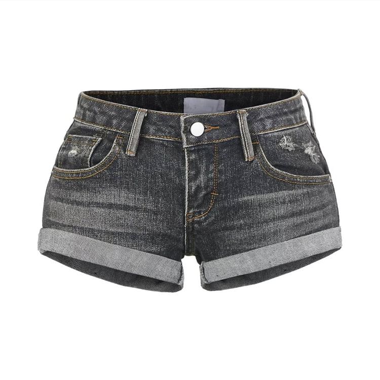 Low Rise Washed Distressed Roll Up Hem Denim Hot Pants