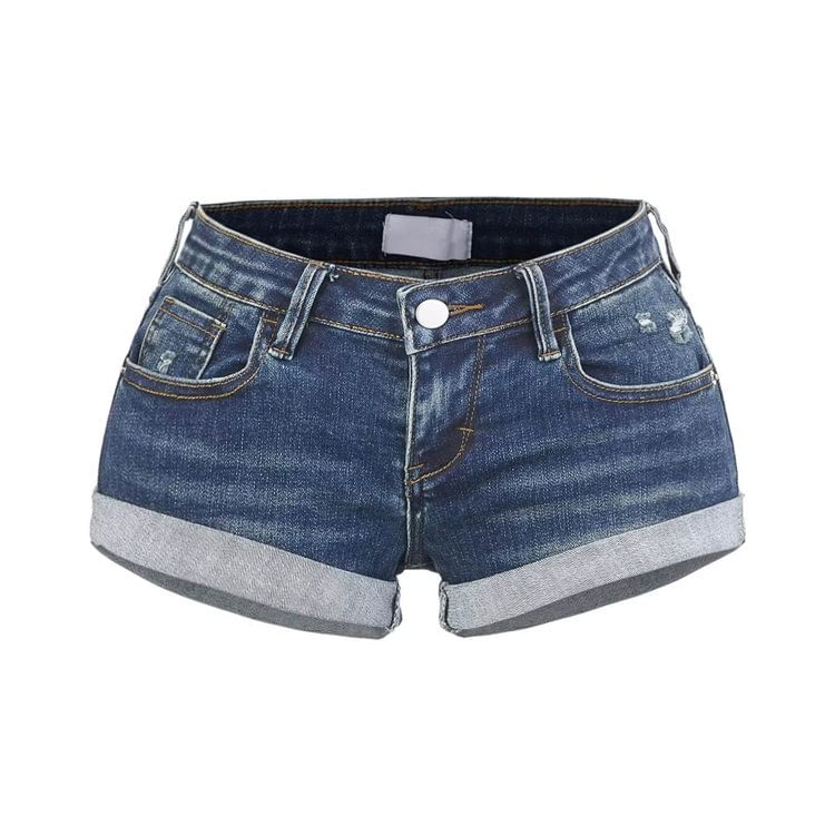 Low Rise Washed Distressed Roll Up Hem Denim Hot Pants