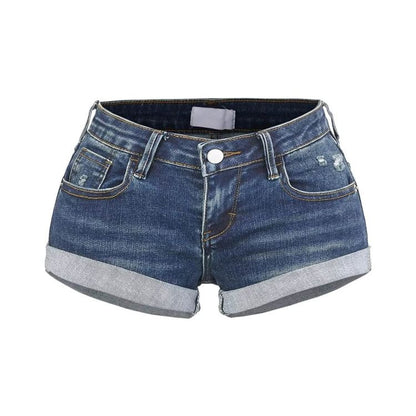 Low Rise Washed Distressed Roll Up Hem Denim Hot Pants