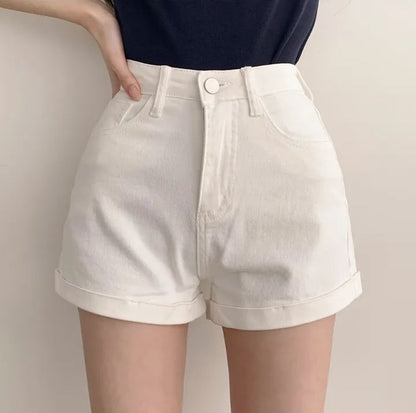 High Waist Washed Roll Up Hem Denim Hot Pants