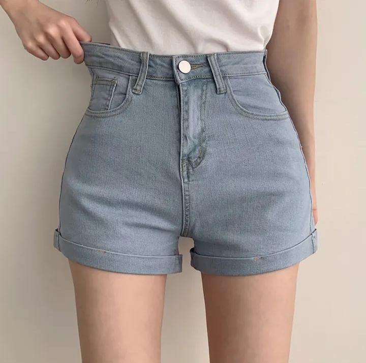 High Waist Washed Roll Up Hem Denim Hot Pants