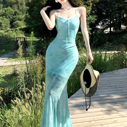 Spaghetti Strap V-Neck Lace Trim Maxi Bodycon Dress
