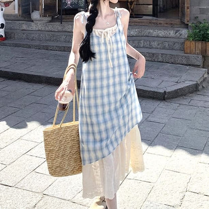 Spaghetti Strap Scoop Neck Plaid Midi A-Line Dress