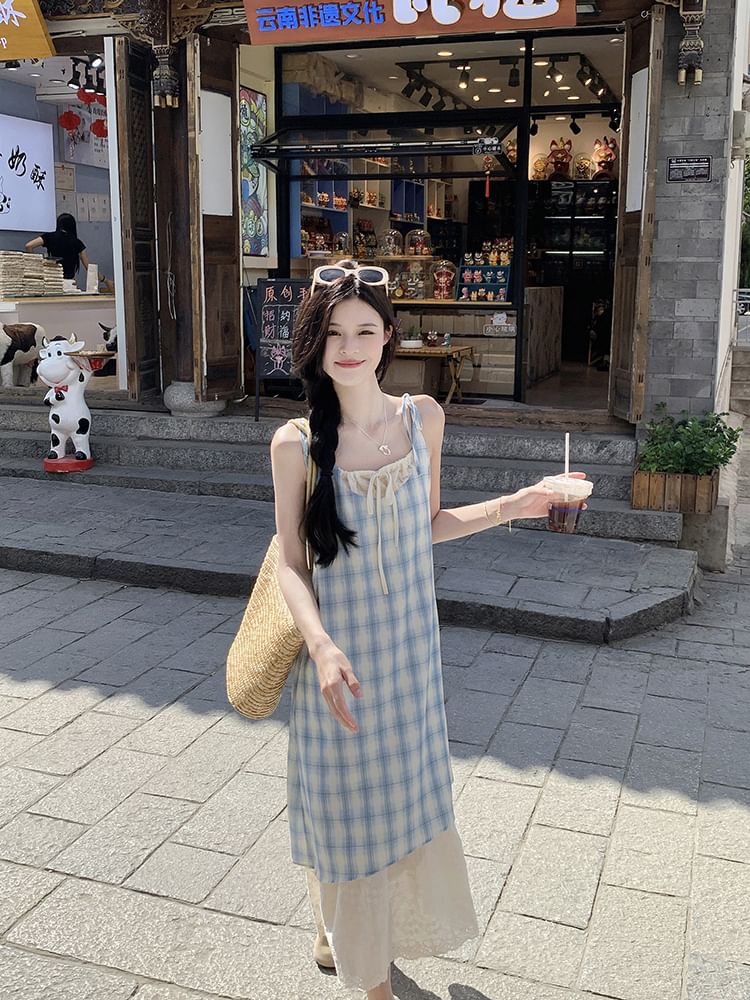 Spaghetti Strap Scoop Neck Plaid Midi A-Line Dress