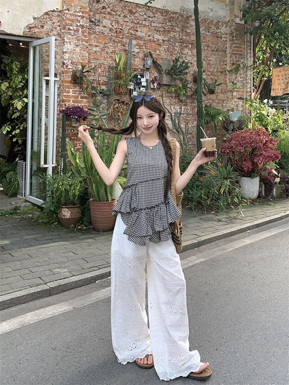 Asymmetrical Gingham Ruffled Cami Top / High Waist Eyelet Lace Trim Wide Leg Pants