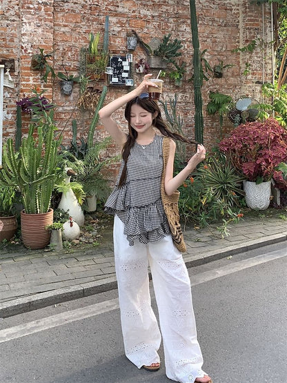 Asymmetrical Gingham Ruffled Cami Top / High Waist Eyelet Lace Trim Wide Leg Pants