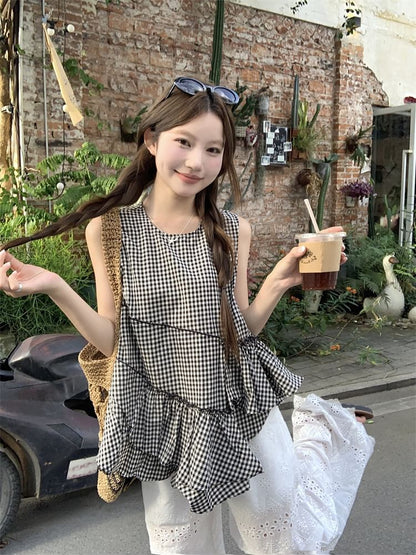 Asymmetrical Gingham Ruffled Cami Top / High Waist Eyelet Lace Trim Wide Leg Pants