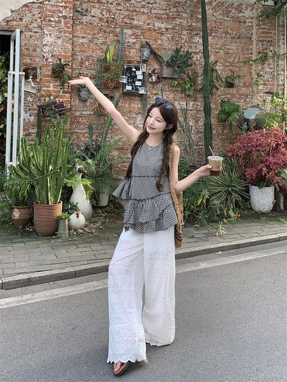 Asymmetrical Gingham Ruffled Cami Top / High Waist Eyelet Lace Trim Wide Leg Pants