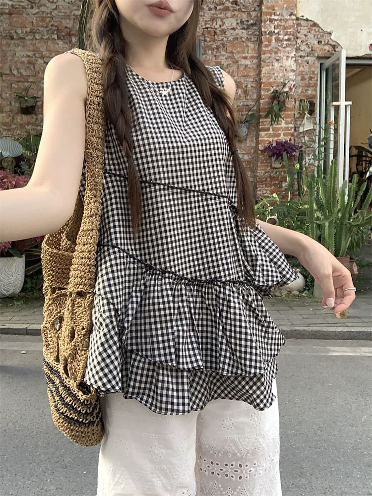 Asymmetrical Gingham Ruffled Cami Top / High Waist Eyelet Lace Trim Wide Leg Pants