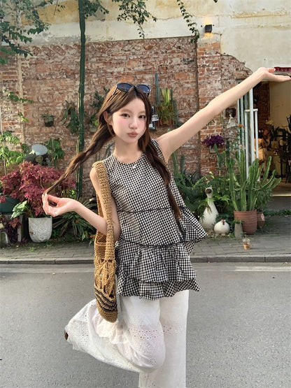 Asymmetrical Gingham Ruffled Cami Top / High Waist Eyelet Lace Trim Wide Leg Pants