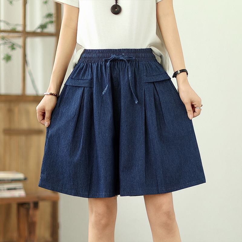 Drawstring Waist Washed Denim Shorts