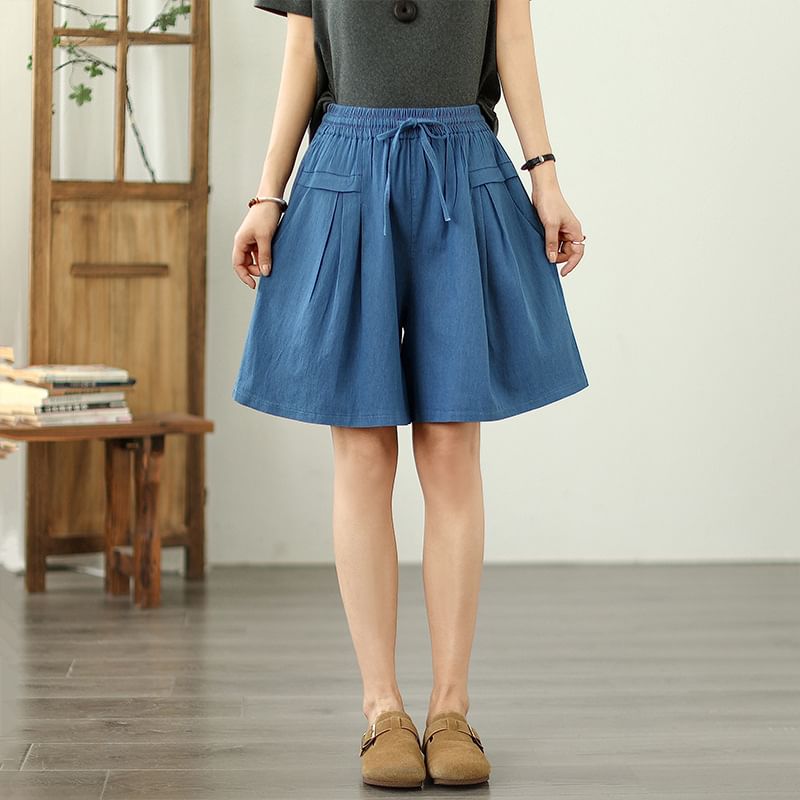 Drawstring Waist Washed Denim Shorts