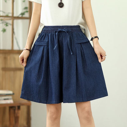 Drawstring Waist Washed Denim Shorts
