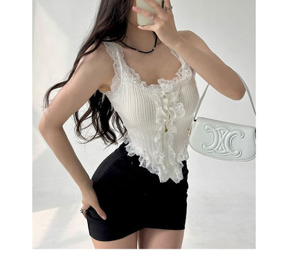 Scoop Neck Asymmetrical Lace Button Tank Top