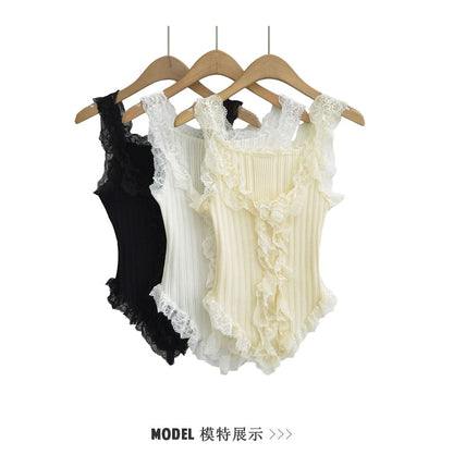 Scoop Neck Asymmetrical Lace Button Tank Top