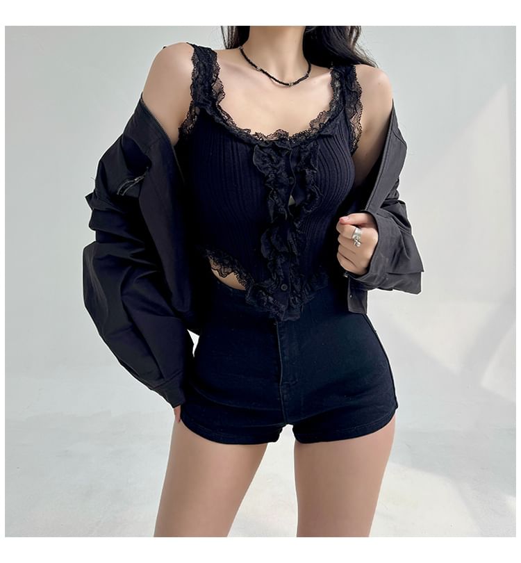 Scoop Neck Asymmetrical Lace Button Tank Top