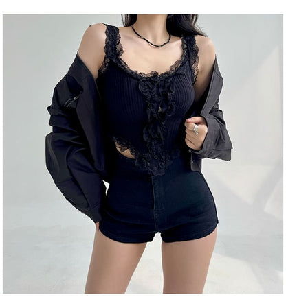 Scoop Neck Asymmetrical Lace Button Tank Top