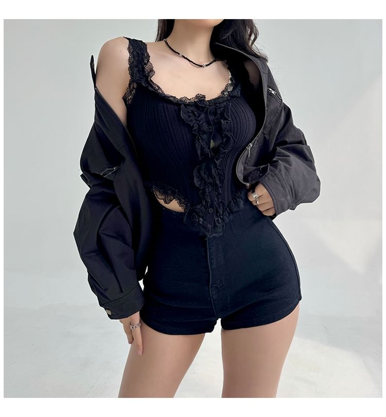 Scoop Neck Asymmetrical Lace Button Tank Top
