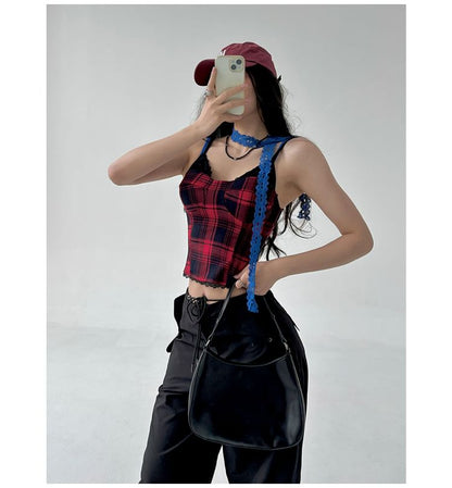 Slim Fit Plaid Lace Trim Crop Cami Top