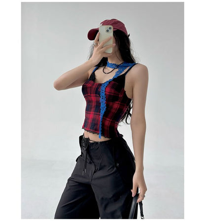 Slim Fit Plaid Lace Trim Crop Cami Top