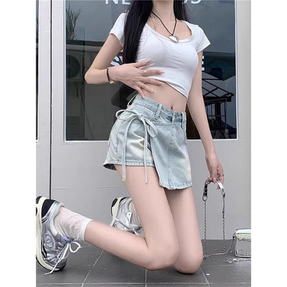 Mid Waist Washed Tie Side Mini Denim Skort