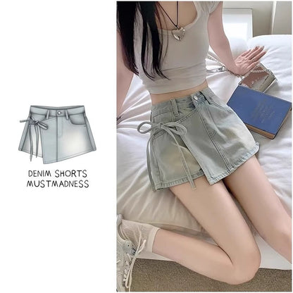 Mid Waist Washed Tie Side Mini Denim Skort