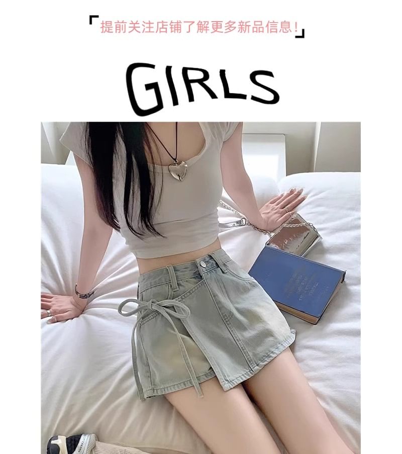 Mid Waist Washed Tie Side Mini Denim Skort