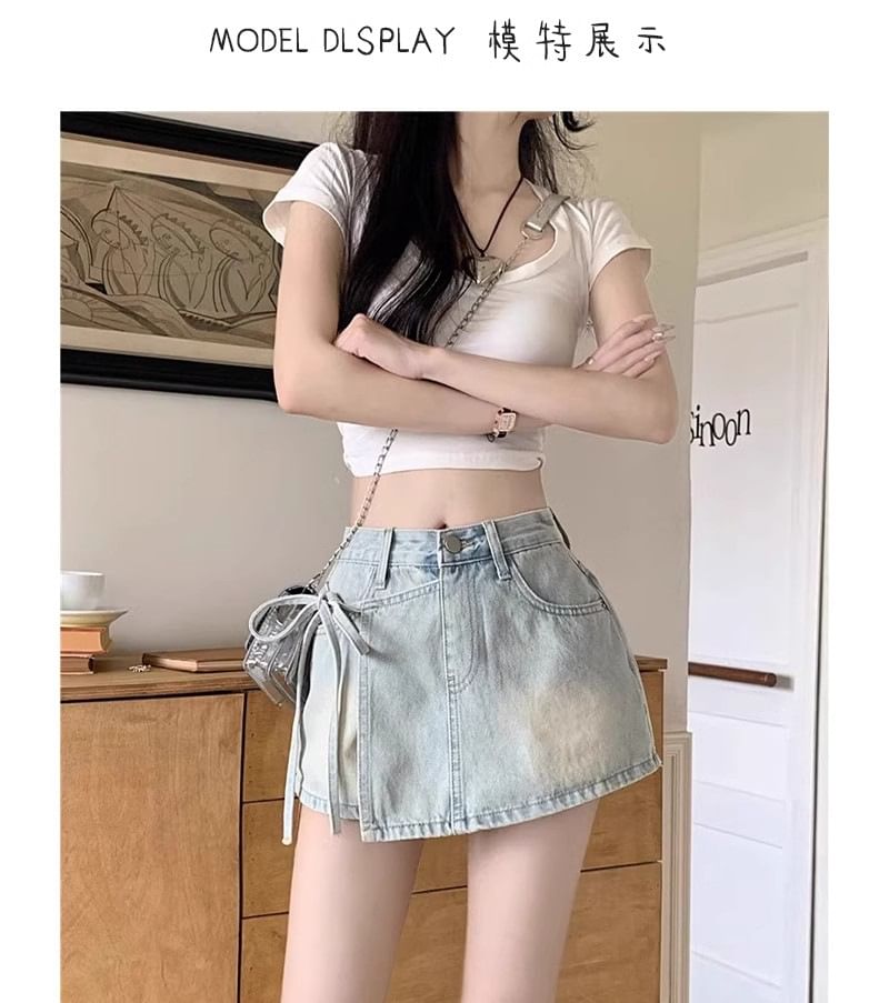 Mid Waist Washed Tie Side Mini Denim Skort
