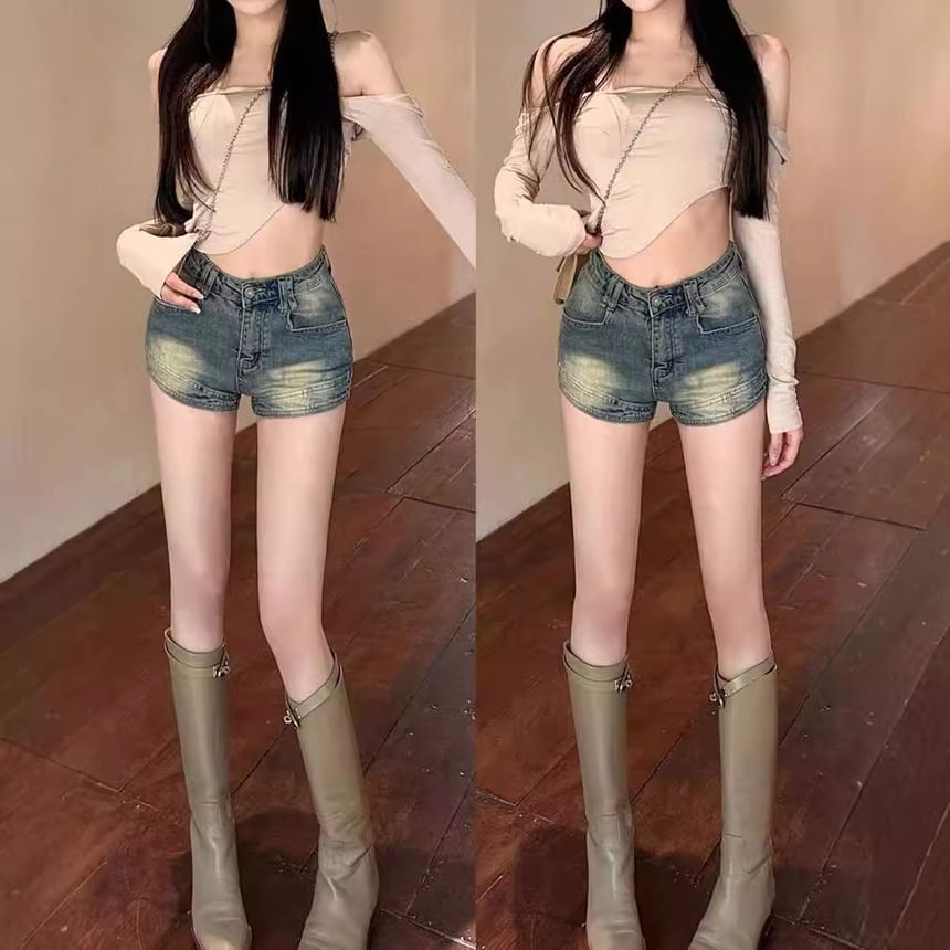 High Waist Washed Denim Shorts