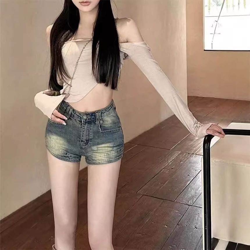 High Waist Washed Denim Shorts