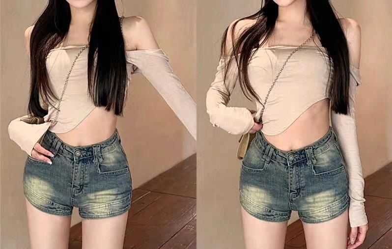 High Waist Washed Denim Shorts