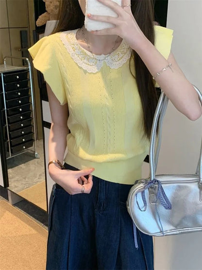 Sleeveless Round Neck Lace Collared Plain Knit Top
