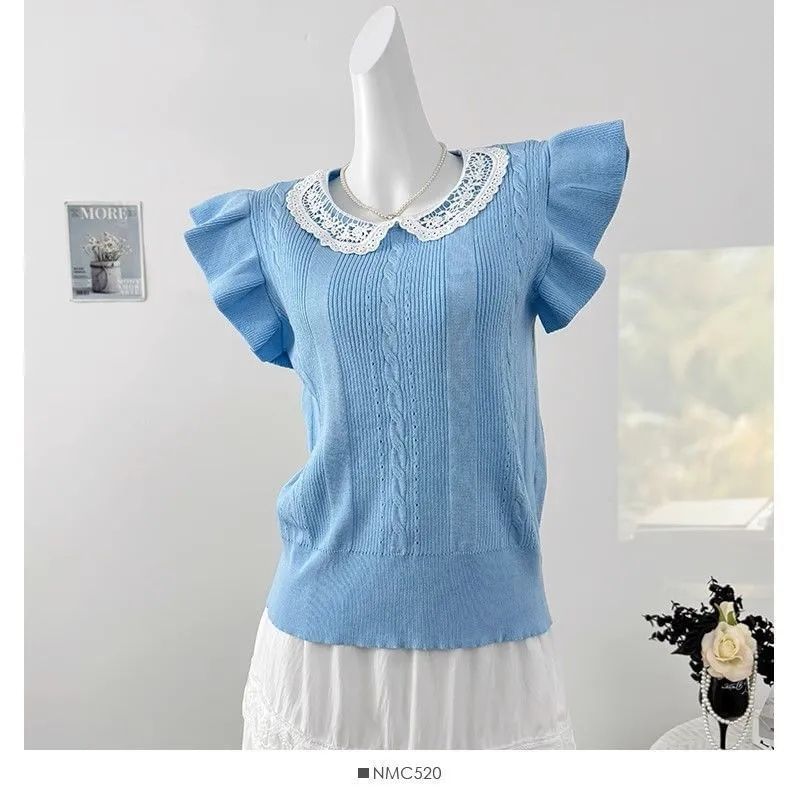 Sleeveless Round Neck Lace Collared Plain Knit Top