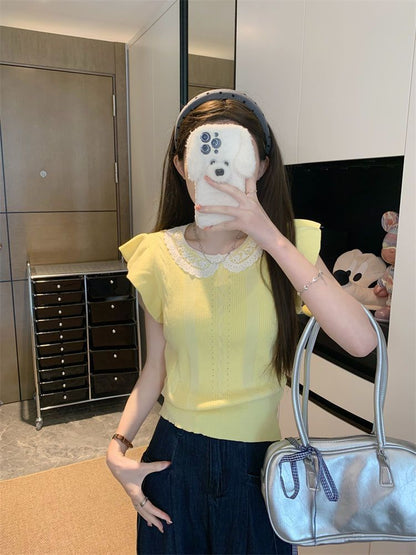 Sleeveless Round Neck Lace Collared Plain Knit Top
