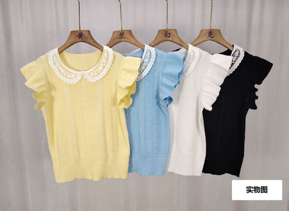 Sleeveless Round Neck Lace Collared Plain Knit Top