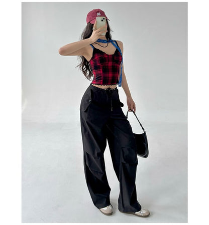 Slim Fit Plaid Lace Trim Crop Cami Top