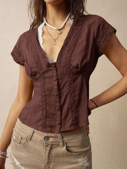 Slim-Fit Lace Cap Sleeve Blouse with Mock Two-Piece Panel