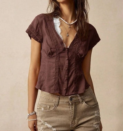 Slim-Fit Lace Cap Sleeve Blouse with Mock Two-Piece Panel