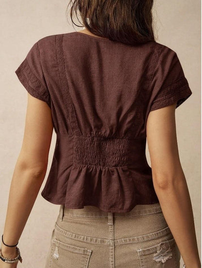 Slim-Fit Lace Cap Sleeve Blouse with Mock Two-Piece Panel