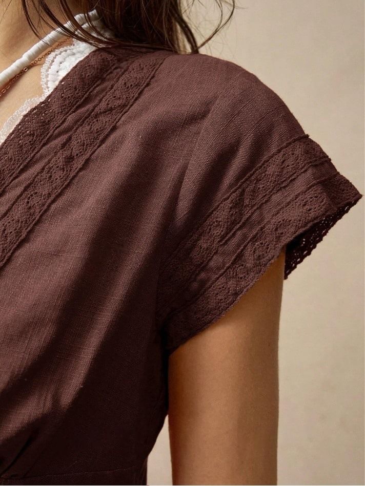 Slim-Fit Lace Cap Sleeve Blouse with Mock Two-Piece Panel
