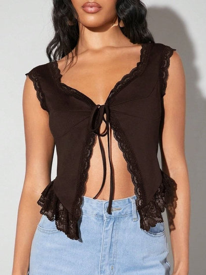 V-Neck Plain Lace-Trim Tie-Front Slim-Fit Tank Top