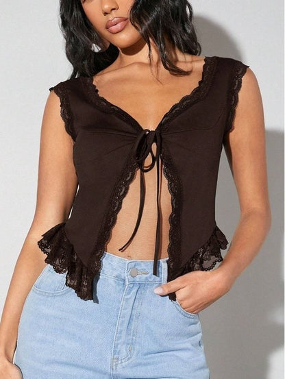 V-Neck Plain Lace-Trim Tie-Front Slim-Fit Tank Top