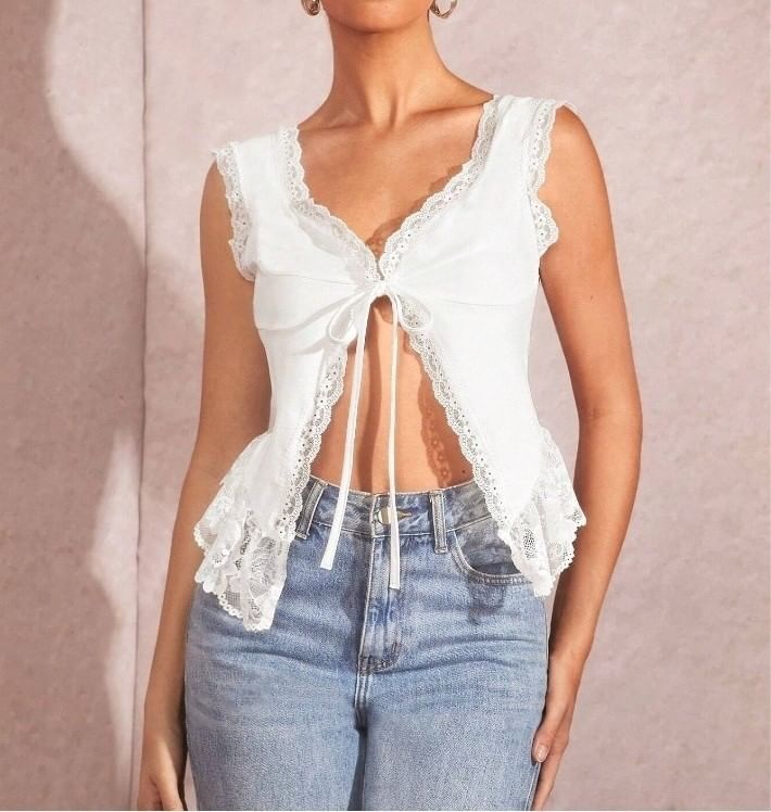 V-Neck Plain Lace-Trim Tie-Front Slim-Fit Tank Top