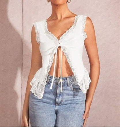 V-Neck Plain Lace-Trim Tie-Front Slim-Fit Tank Top