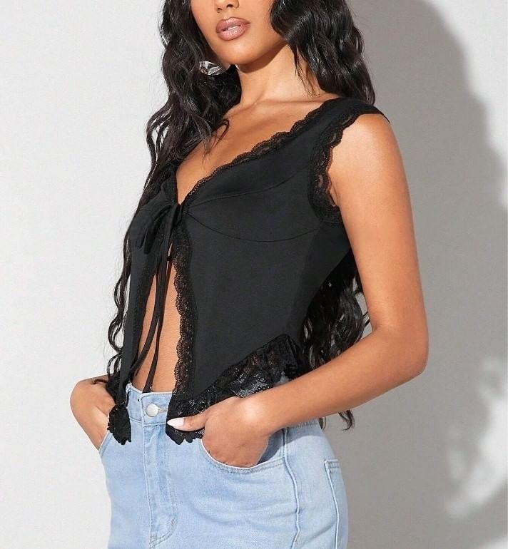 V-Neck Plain Lace-Trim Tie-Front Slim-Fit Tank Top