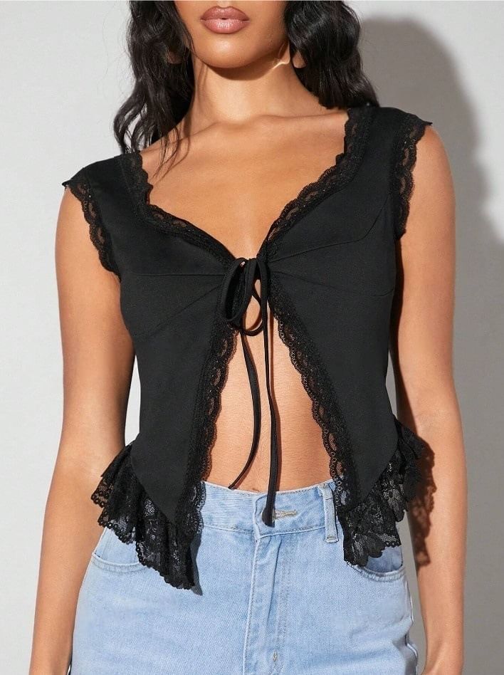 V-Neck Plain Lace-Trim Tie-Front Slim-Fit Tank Top
